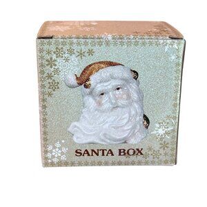 Vintage Ceramic Christmas White Gold Tinket Box Sparkle 4" Santa Cracker Barrel